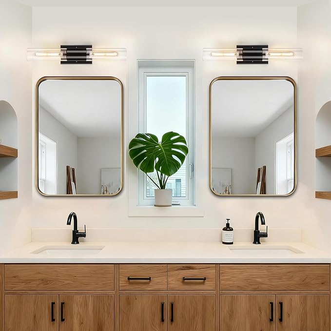 21" Matte Black Bathroom Light Fixtures Over Mirror,2-Light Bathroom Vanity Lights Above Mirror,Modern Hardwired Wall Sconce Lighting for Powder Room Restroom Hallway Kitchen E26 T10 Bulbs(Excluded)
