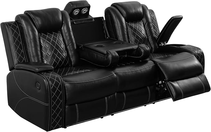 Power Leather Reclining Sofa with LED Light,Double Recliner Sofa with Drop Down Coffee Table/USB Port/Storage,3 Seater Leather Couch for Living Room Furniture Sets(3 Seats,Black)