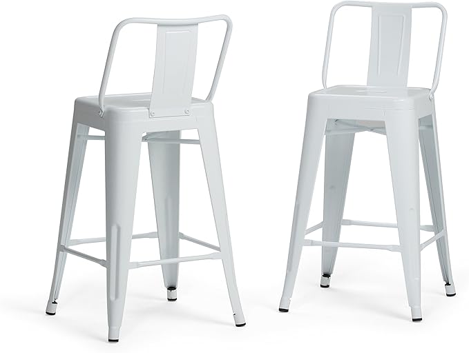 SIMPLIHOME Rayne Counter Stools (Set of 2) - 24 Inch Seat Height Metal Kitchen Seats in White, Industrial Seating for Dining Room or Kitchen with Curved Backrest and Footrest