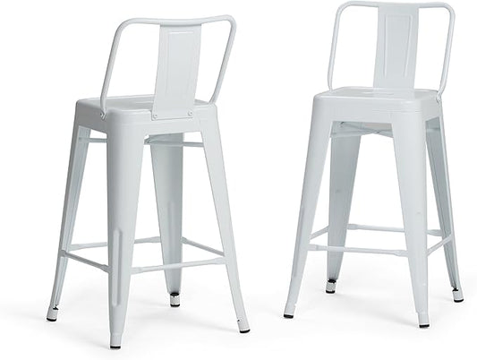 SIMPLIHOME Rayne Counter Stools (Set of 2) - 24 Inch Seat Height Metal Kitchen Seats in White, Industrial Seating for Dining Room or Kitchen with Curved Backrest and Footrest