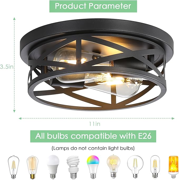 Farmhouse Flush Mount Ceiling Light Fixtures, Industrial Close to Ceiling Light 2-Lights, 11 Inch Metal Black Cage Rustic Style Indoor Light Fixtures for Hallway Kitchen Bedroom Entryway