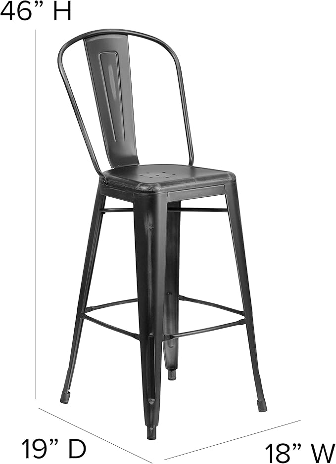 Flash Furniture Commercial Grade 30" High Distressed Black Metal Indoor-Outdoor Barstool with Back