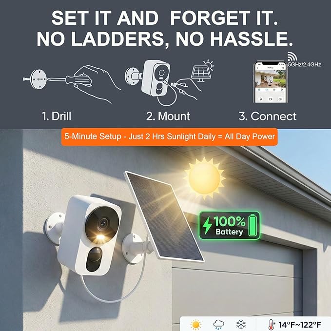2.5K Solar Security Camera: Wireless Outdoor 4MP Color Night Vision with Solar Panel Keeps 100% Charged & Dual-Band WiFi 6 – No Monthly Fee for Garage/Driveway – Capture Faces & Plates