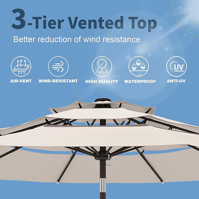 PatioKingdom 9ft 3-Tier Patio Market Umbrella with Crank/Tilt, Commercial Heavy Duty Wind Proof,Outdoor Table Umbrella with 8 Fiberglass Ribs,UPF50+ for Deck,Pool,Garden,Backyard (Creamy-white)