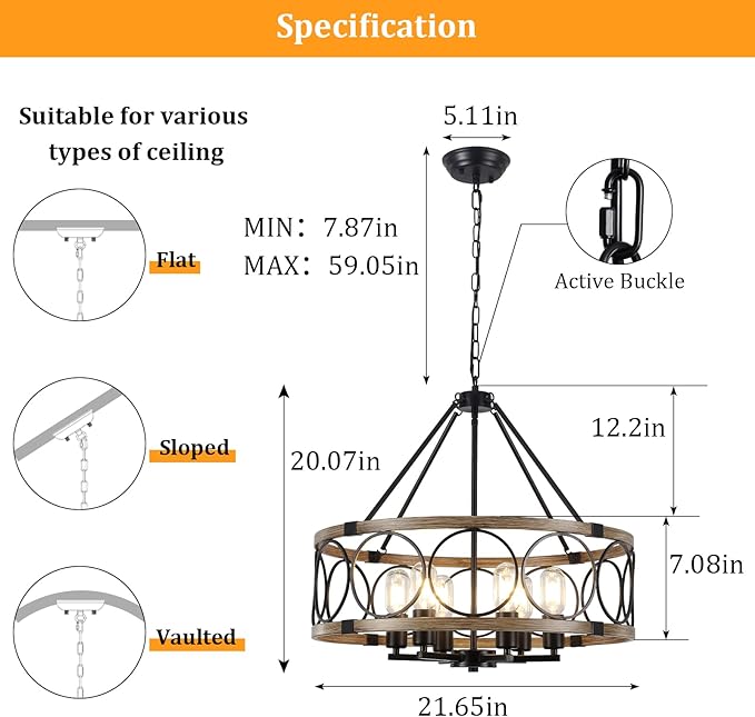 6-Light Farmhouse Chandelier for Dining Room,21'' Black Rustic Industrial Drum Chandeliers Imitation Wood Grain Pendant Light Fixture for Kitchen Island Entryway Foyer Bedroom Hallway,E26 Metal