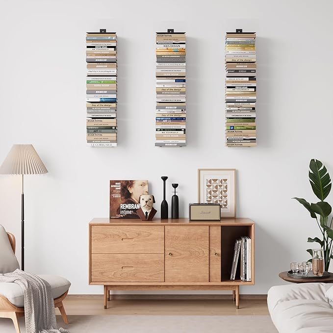 Invisible Bookshelf for Wall, 8 Tier Floating Bookshelf Made of Heavy Duty Metal, Vertical Spine Book Tower Hanging Wall Bookshelf, Floating Book Shelves for Wall, 4 Pack Black