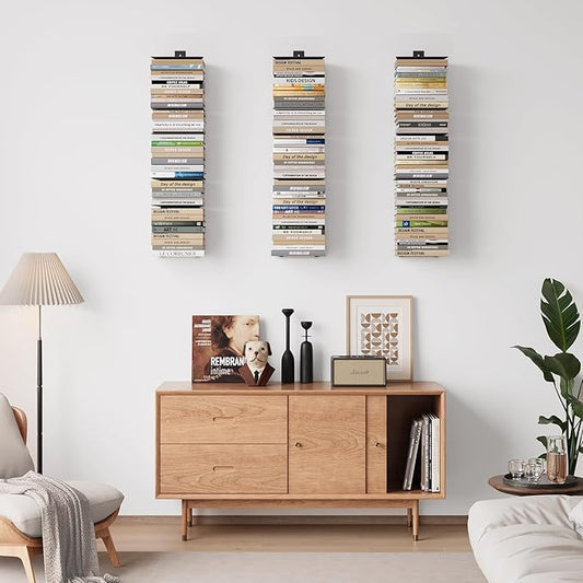 Invisible Bookshelf for Wall, 8 Tier Floating Bookshelf Made of Heavy Duty Metal, Vertical Spine Book Tower Hanging Wall Bookshelf, Floating Book Shelves for Wall, 4 Pack Black