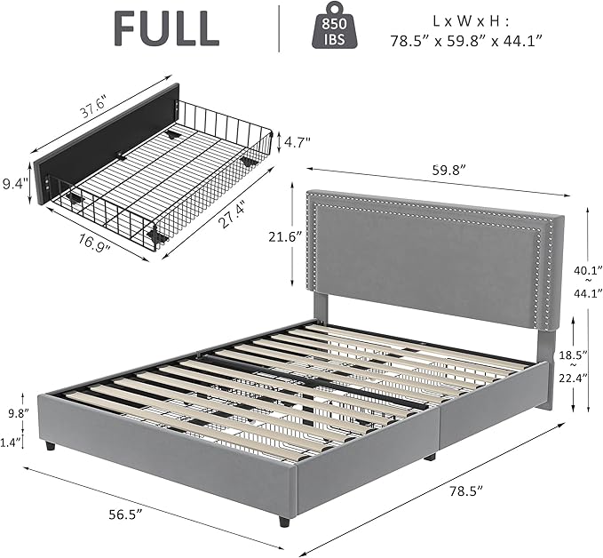 VECELO Full Size Upholstered Platform Bed Frame with 4 Storage Drawers, Adjustable Velvet Rivet Decor Headboard, Wooden Slats Support, No Box Spring Needed, Easy Assembly