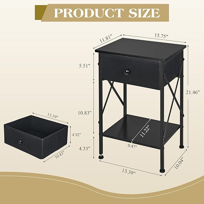 VECELO Nightstand Set of 2, X-Design End Side Table with Fabric Storage Drawer and Open Shelf, Bedside Night Stand with Steel Frame for Bedroom, Living Room,Dorm, Easy Assembly,Classic Black