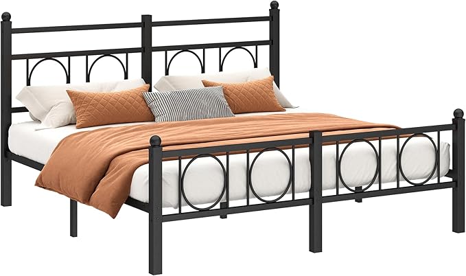 Queen Size Bed Frame Classic Metal Platform Bed Frame Mattress Foundation with Victorian Style Iron-Art Headboard/Footboard/Storage Space/No Box Spring Needed/Black