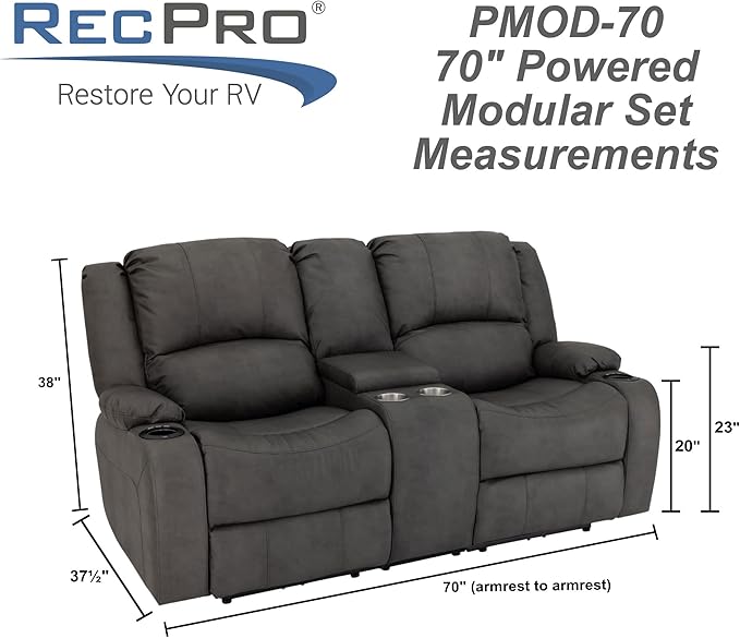 RecPro Charles 70" Powered Double RV Wall Hugger Recliner Sofa | Loveseat | RV Furniture with Upgraded 2023 Fabric (Gunmetal)