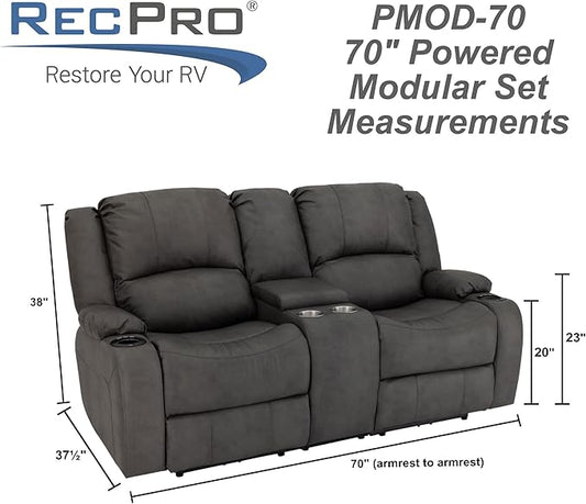 RecPro Charles 70" Powered Double RV Wall Hugger Recliner Sofa | Loveseat | RV Furniture with Upgraded 2023 Fabric (Gunmetal)