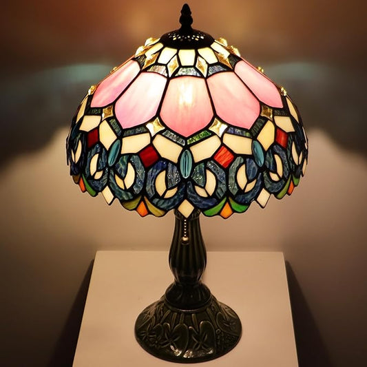 Tiffany Lamp Stained Glass Table Lamps Pink Jewelry Baroque Style Desk Lamp 12X12X18.5 Inch Bronze Ceramic Base Reading Light Suitable for Bedside Bedroom Living Room Dining Room Office
