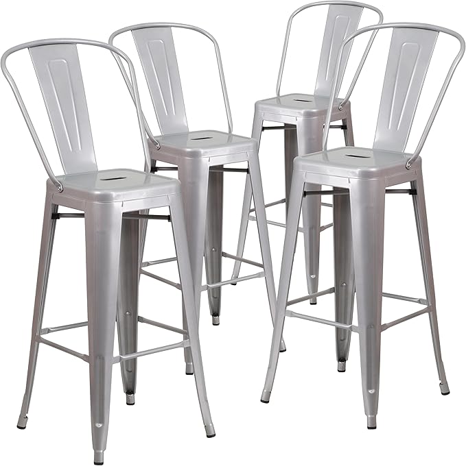 Flash Furniture Lily Commercial Grade 4 Pack 30" High Silver Metal Indoor-Outdoor Barstool with Removable Back