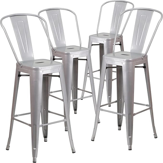 Flash Furniture Lily Commercial Grade 4 Pack 30" High Silver Metal Indoor-Outdoor Barstool with Removable Back