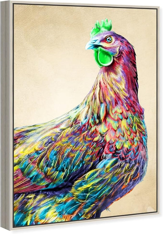Country Farmhouse Canvas Print Painting Animal Wall Art 'Fun Colorful Glam Rooster' Champagne Framed Canvas Rustic Home Décor 30x45 in Pink, Green by Oliver Gal