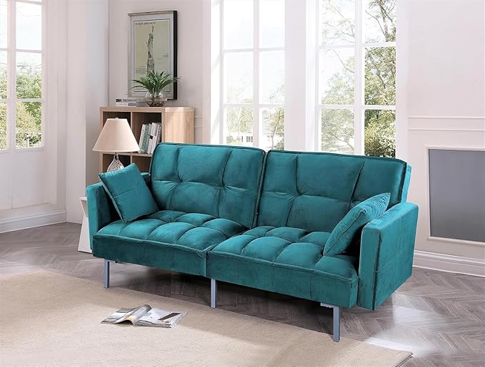 Container Furniture Direct Regal 75.6" Velvet Convertible Sofa Bed - Mid-Century Sleeper Couch w/Tufted Design & Metal Legs - Pull-Out Futon for Guests/Home (75.6" W x 34.6" D x 32" H), Blue