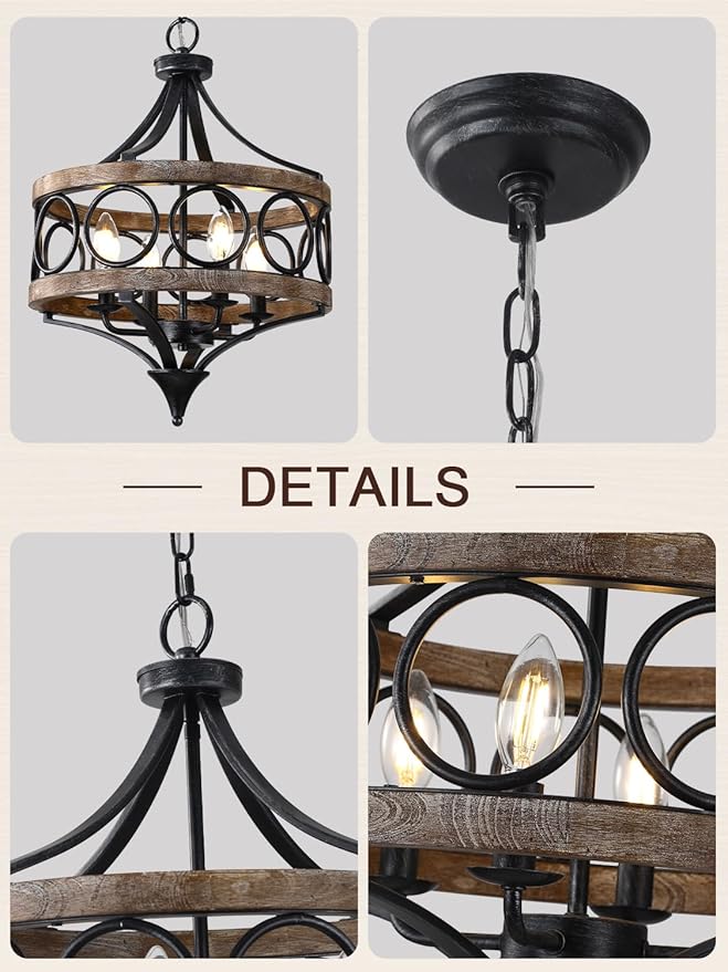 Farmhouse Chandelier for Dining Room, 15.7 Inch Hanging Round Light Fixture Over Table, 4-Light Wood Chandelier for Kitchen Island Dining Room Entryway