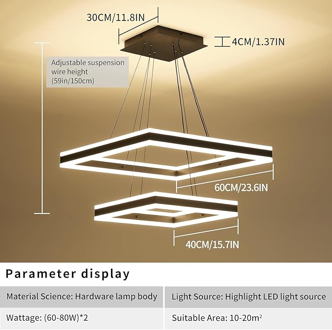 Modern LED Chandelier, 2-Light Black Ceiling Chandelier Pro for Dining Room Light Fixtures Hanging Color Temperature and Height Adjustable Chandeliers for Living Room, Bedroom, Kitchen 15.7+23.6IN