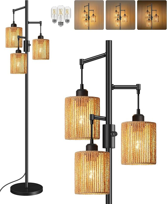Dimmable Floor Lamp, Farmhouse Tall Standing 70.3" Tree Lamp with 3 Rope Woven Lampshades, Boho Rattan Floor Lights, 4W 3 LED Bulbs Included, for Living Room, Bedroom, Study, Office AB03LD05