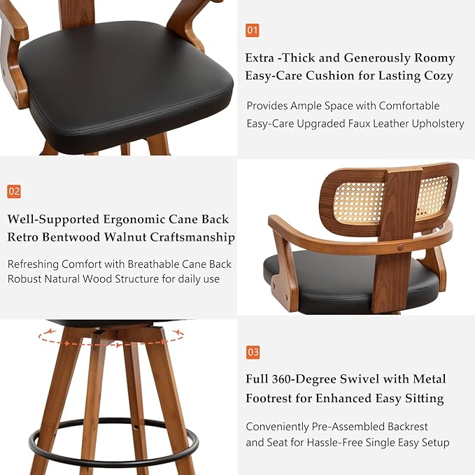Set of 1 Counter Height Bar Stool - 27 inch Swivel Counter Stool with Walnut Craftsmanship, Cane Back, Upholstered Faux Leather, Kitchen Island Stool for Island/Pub/Kitchen- Black