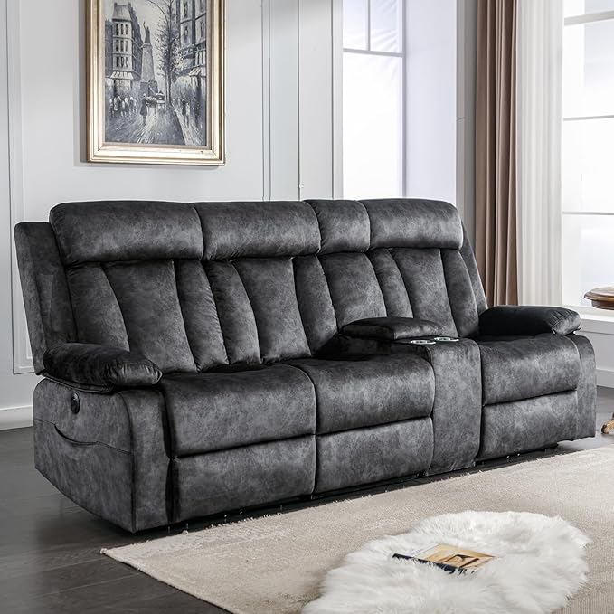 GUEAPY 3 Seater Recliner Sofa Reclining Loveseat with Console Power Reclining Sofa with Heat and Massage, Cup Holders, USB & Type-C Charge Ports for Living Room