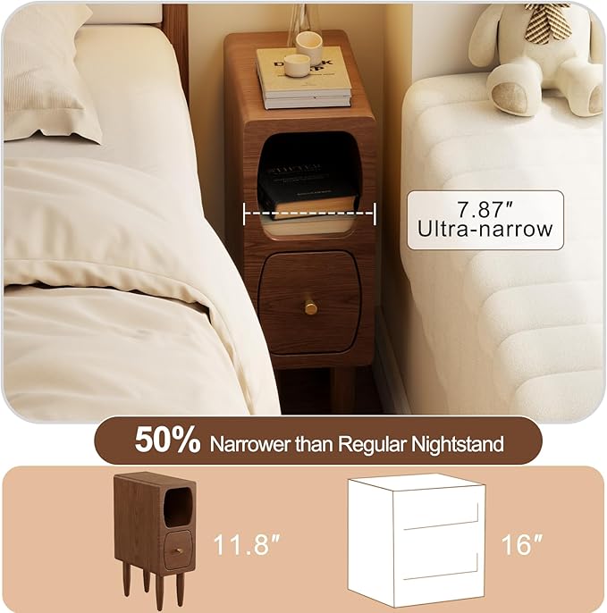 Solid Wood Skinny Nightstand Slim Nightstand with Drawer,Modern Narrow Bedside Table,Narrow Skinny Side Table for Bedroom,Walnut