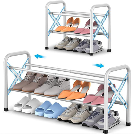 2-Tier Expandable Shoe Rack for Closet Floor, X-Frame Metal Small Shoe Rack for Entryway, Adjustable Shoe Shelf Organizer, Free Standing Shoe Racks for Front Door Entrance, Garage - White