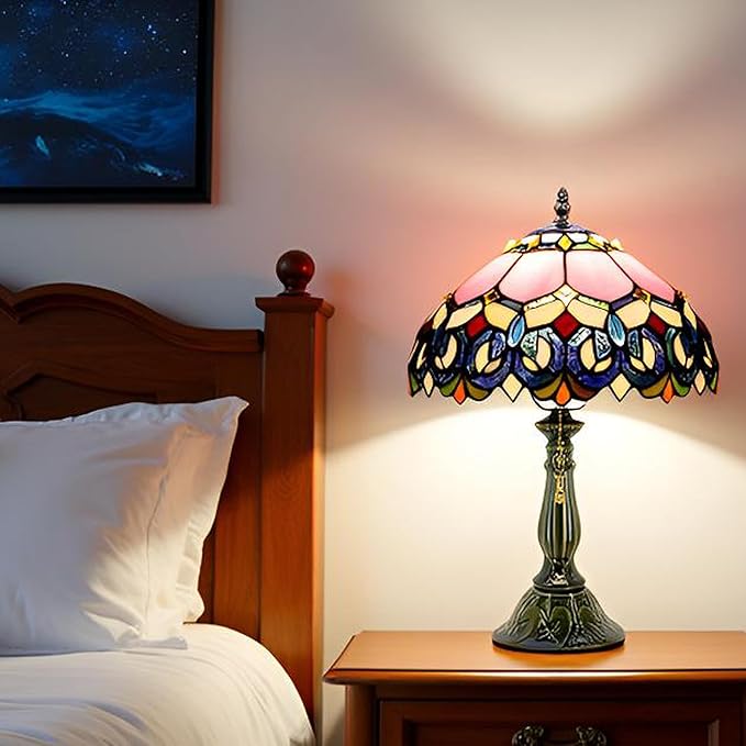 Tiffany Lamp Stained Glass Table Lamps Pink Jewelry Baroque Style Desk Lamp 12X12X18.5 Inch Bronze Ceramic Base Reading Light Suitable for Bedside Bedroom Living Room Dining Room Office
