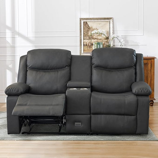 Manual Reclining Loveseat with Massage and Heat, Double Recliner Sofa with Center Console, Cup Holders & Storage for Living Room, RV (Grey)