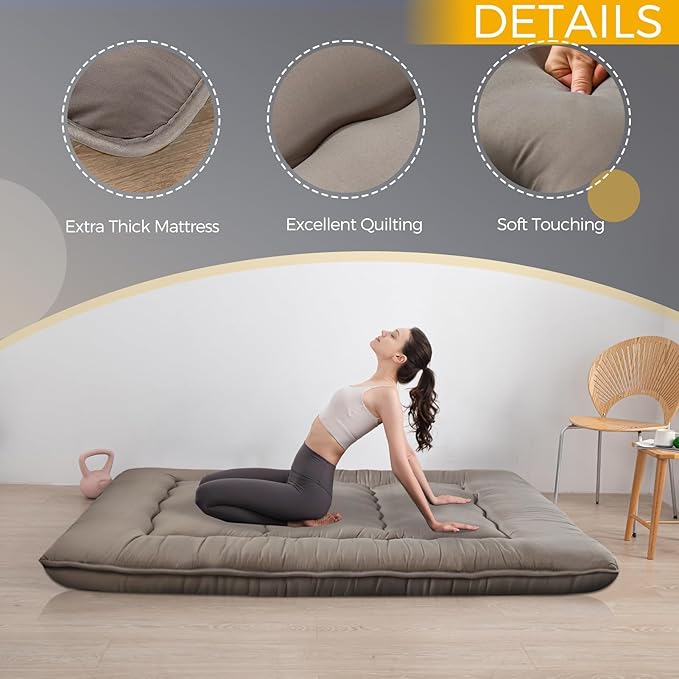 MAXYOYO 6" Extra Thick Japanese Floor Mattress Futon Mattress, Foldable Tatami Pad for Adults, Roll Up Floor Bed for Guest Room Bedroom RV, Dark Grey, Queen