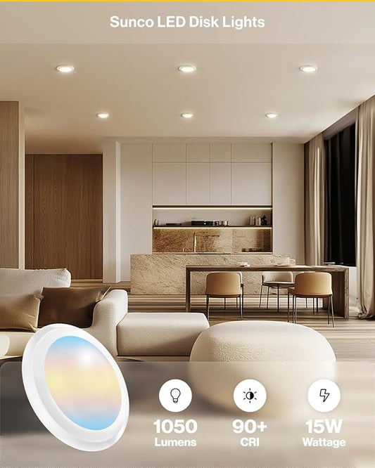 Sunco 96 Pack LED Disc Lights Ceiling 6 Inch, Flush Mount Disk Light, Recessed Can Lighting, 1050 LM, 15W (75W Equivalent), Selectable CCT 3000K/4000K/5000K/6000K/6500K, Dimmable, Damp Rated ETL.