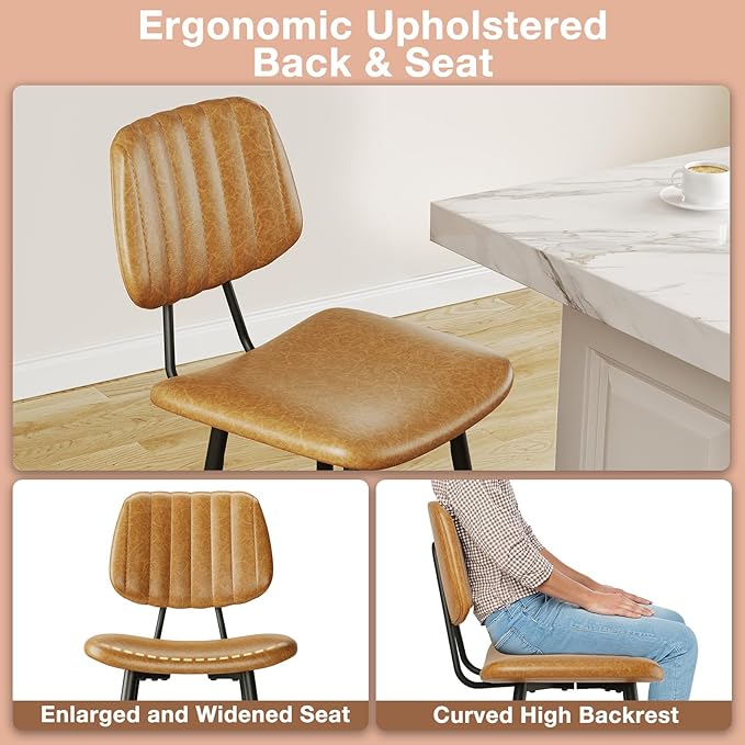 29-Inch Leather Bar Stools Set of 3, Counter Height Barstools with High Backrest，Bar Chairs for Kitchen Island with Heavy Duty Metal Legs, Brown