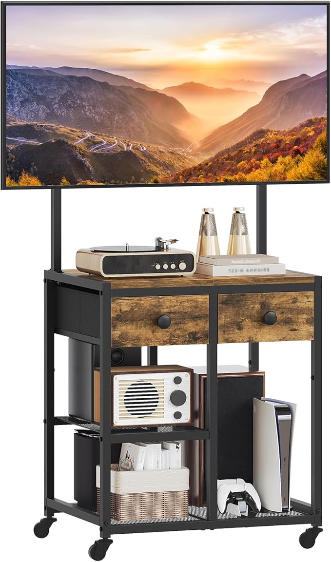 TV Stand with Mount, Corner TV Stand with Wheels, for TVs up to 50 Inches, Rolling Entertainment Center, Small TV Stands, for Living Room, Meeting Room, Bedroom, Rustic Brown DS08BR