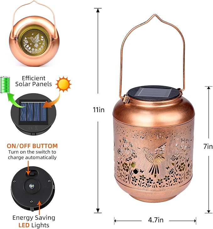 2Pack Hummingbird Solar Lanterns Outdoor Waterproof Birthday Gifts for Women Mom Grandma Metal Solar Decorative LED Lantern Outside for Garden Decor, Yard, Patio, Porch, Backyard, Pathway, Landscape