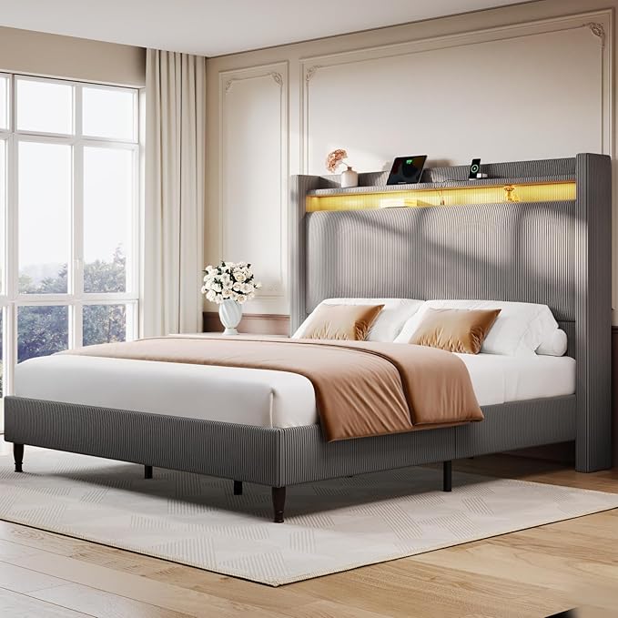 Queen Bed Frame with Tall Headboard, 55.3" Upholstered Platform Bed with LED Lights & Charging Station, Elegant Corduroy Bedframe, 2-tier Storage Wingback Headboard, No Box Spring Needed, Gray Brown