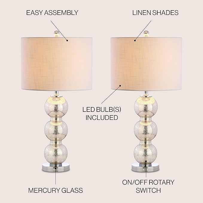 JONATHAN Y 27" Mercury Silver/Chrome Triple-Sphere Glass Table Lamp Set of 2, Bedside, White Linen Shade, Modern Table Lamps for Living Room, Bedroom, Office, LED Bulbs Included (JYL1070B-SET2)