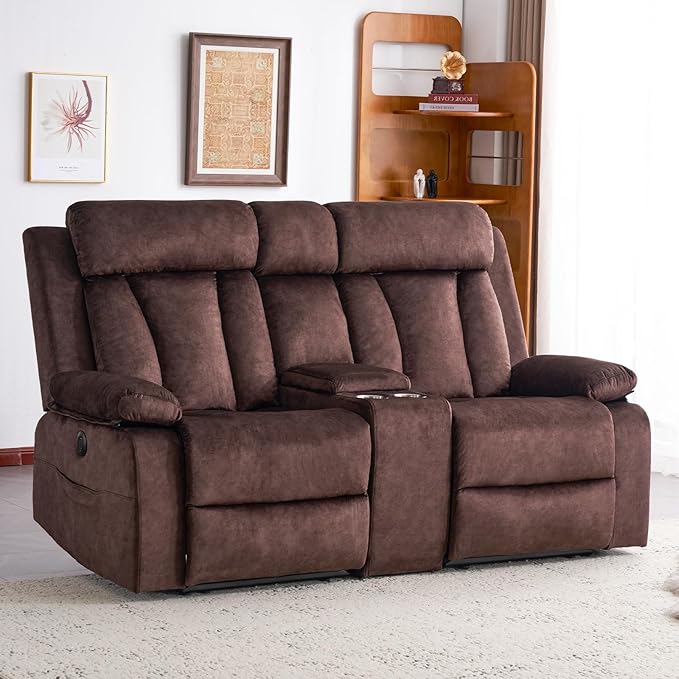 Power Loveseat Recliner Sofa with Heat and Massage, Double Recliner Loveseat with Console, RV Recliners-Wall Hugger Reclining Couch with USB & Type C for Living Room, RV,Home Theater | Heat and Massage, Console, USB & Type C