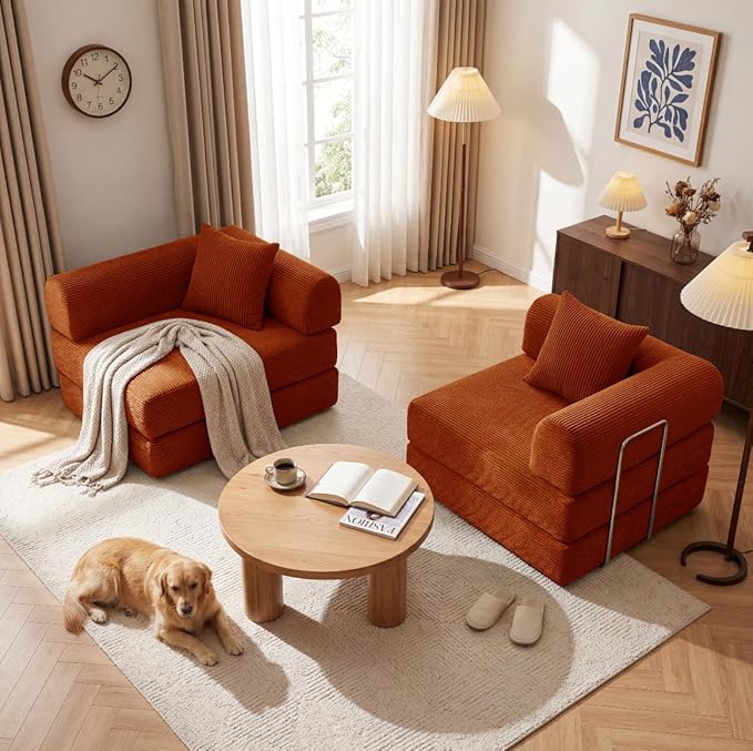 Convertible Compressed Corduroy Folding Cloud Sofa Bed, 59'' Modern Boneless Pull Out Loveseat Sleeper in a Box, 5 in 1 Floor Mattress Futon Cloud Couch, No Assembly Needed, Orange, 2 Pillows, Queen