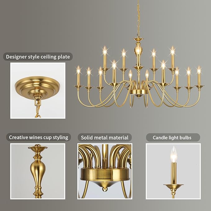 15 Light Gold Chandelier | Large Farmhouse Chandeliers for Dining Room Light Fixtures Over Table | Industrial Candle Hanging Lighting for Foyer | Staircase | Bedroom | Kitchen Island | Restaurants