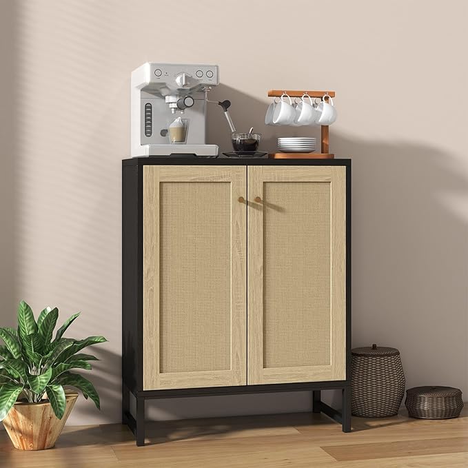 Panana Rattan Decorated 2 Doors Storage Cabinet Accent Cabinet Living Room Cupboard Kitchen Sideboard Buffet Table (Black)