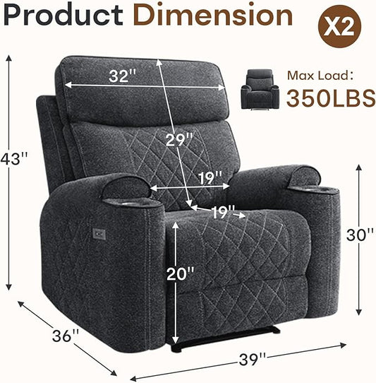 HAOMARKETS Power Recliner Chair Set of 2 for Adults with USB Charging Port, Electric Recliners with Metal Cup Holders, Single Overstuffed Heavy Duty Reclining Sofa Chairs for Living Room, Dark Grey