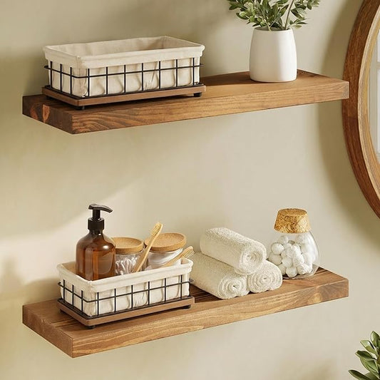 BAOBAB WORKSHOP Bundle - 2 Items: Wood and Wire Baskets with Floating Shelves for Bathroom Decor, Toilet Paper Storage, Living Room Bedroom and Kitchen