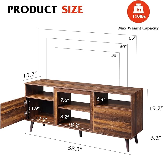 WLIVE Mid-Century Modern TV Stand for 55 60 65 Inch TV, Entertainment Center with Extra Open Shelf & Storage Cabinets, Media TV Console for Living Room Bedroom Office, Retro Brown