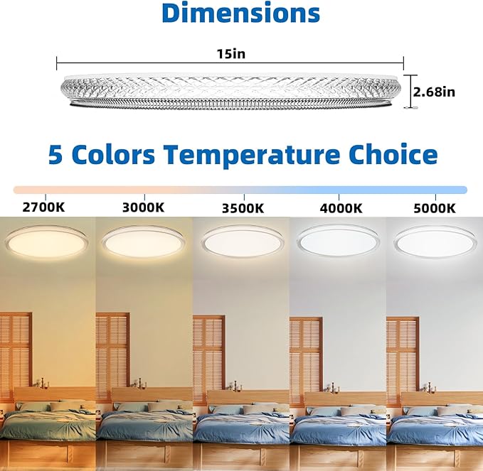 Led Ceiling Light Flush Mount,Bedroom Lights for Ceiling,led Kitchen Ceiling Light,Dimmable 35W 4000LM,5CCT Selectable Color Temperature,15 in for Living Room,Office,Hallway,Bedroom,Kitchen