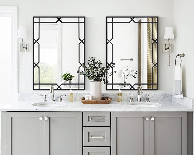 Chende Large Living Room Mirror for Decor, 28" x 40" Rectangle Bathroom Mirror with Matte Black Metal Pipe Frame, Modern Wall Decorative Mirror for Hallway, Dining Room, Bedroom