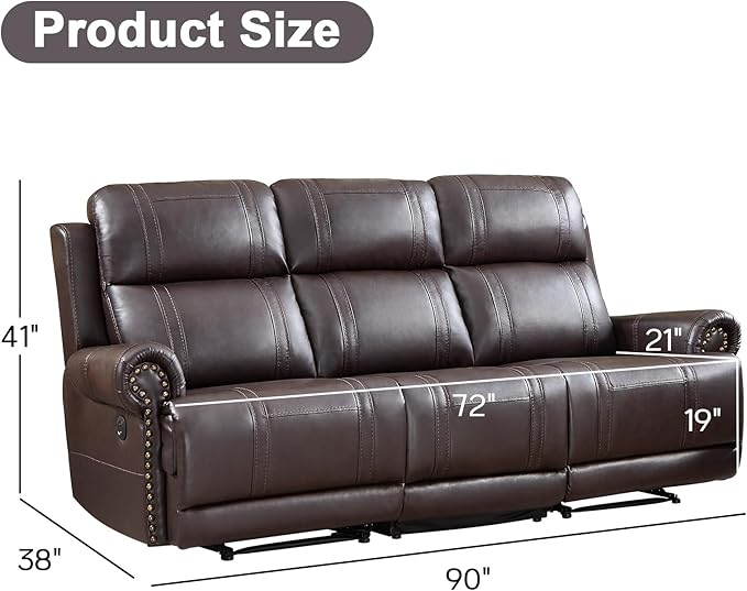 EBELLO Faux Leather Electric Reclining 3 Seat Sofa, Power Recliner Three Seats Sofa Couch with USB and Type-C Charging Ports, Vintage Rivet Design for Small Living Room, Bedroom, Meeting Room, Brown