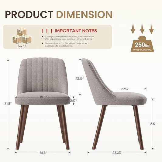Upholstered Dining Chairs Set of 6, Modern Fabric Kitchen Chairs with Back, Wood Legs for Kitchen Dining Room Restaurant, Taupe