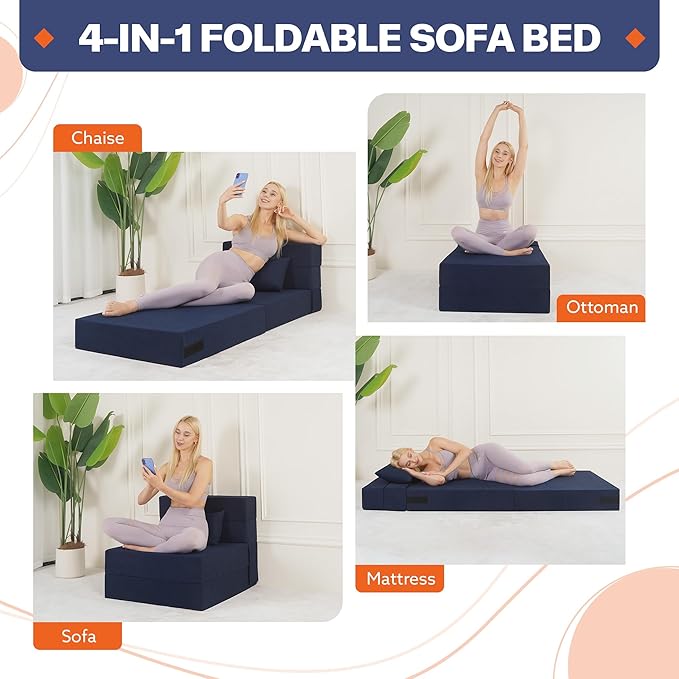 Fvkind Folding Sofa Bed, 4 in 1 Convertible Fold Out Single Chair Bed with Pillow, Memory Foam Futon Chair, Foldable Futon Couch, Foldable Sofa Mattress for Living Room, Bedroom, Guest Room, Blue