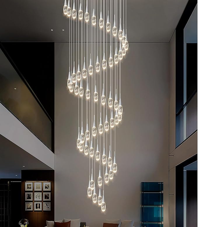 56-Lights 20 Feet Large Modern Chandelier LED Light Fixtures High Ceiling Long Light Chandelier for Entrance Foyer Dimmable Lights with Remote Living Room Ceiling Pendant Lighting Shine Silver